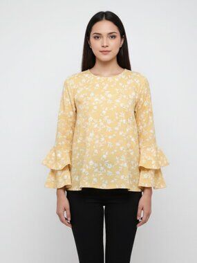 Custom Hand Stitched Blouse Womens L Yellow Floral Ruffle Cuffs Round Neck Top
